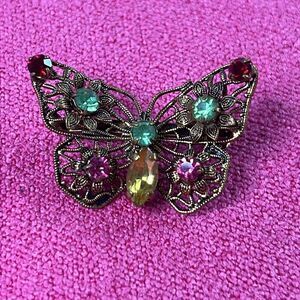 Vintage Delicate Gold Tone Butterfly With Rhinestones
